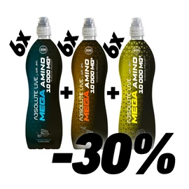 Fehér háttérrel 3 palack Absolute Live Mega Amino ital Eper-guava, Vegyesgyümölcs és Exotic ízben, -30% felirattal